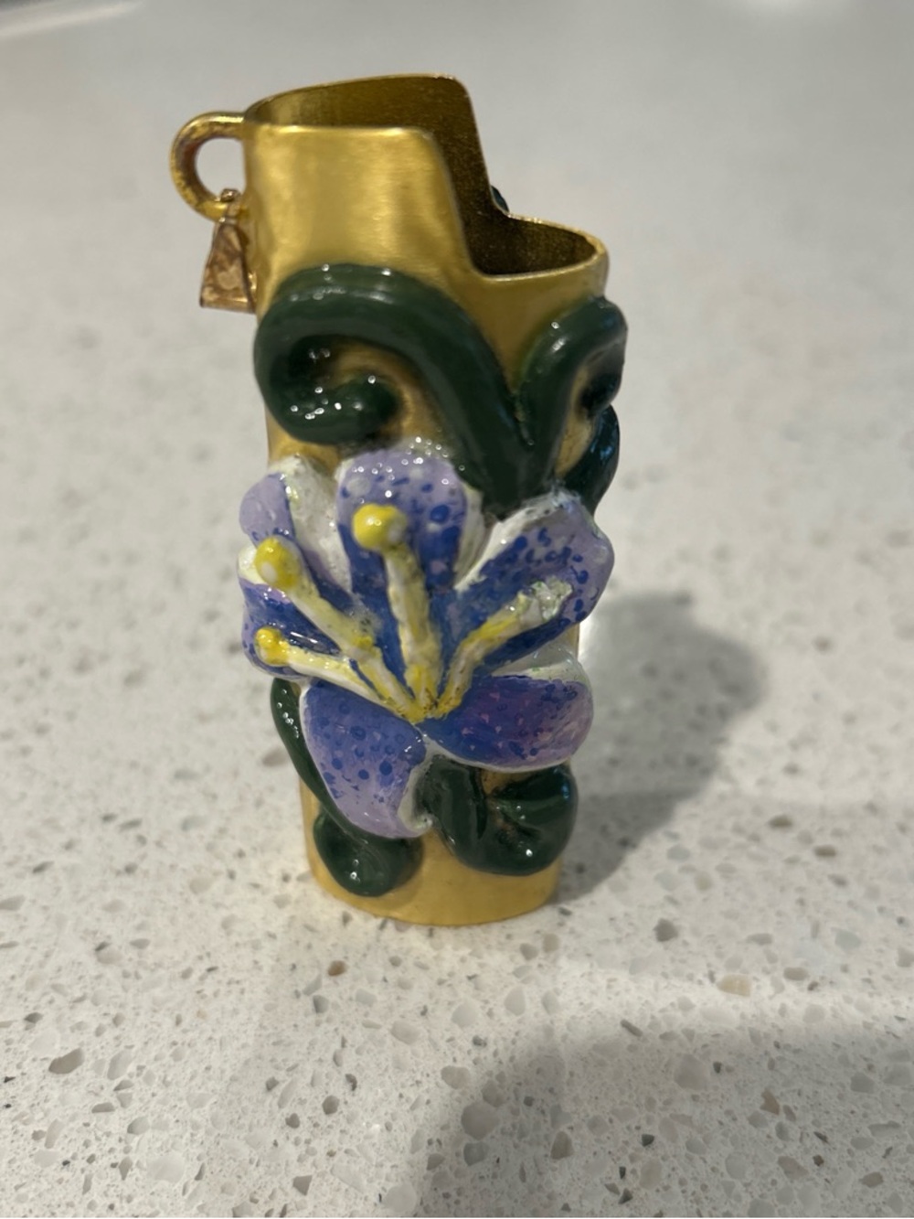 Floral Enamel Gold Tone Pendant Charm — Purple & Green Flower